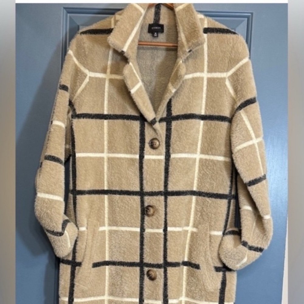 Anthro Teddy Coat Beige Plaid Fuzzy Jacket Cozy Longline Windowpane M - Picture 2 of 7